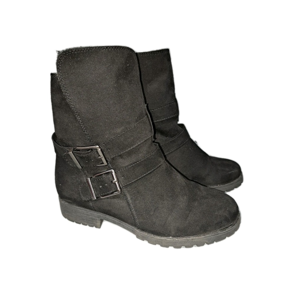 Brash Winter Snow Boots Womens 8.5 Black Suede Round Toe Buckle Faux Fur Block